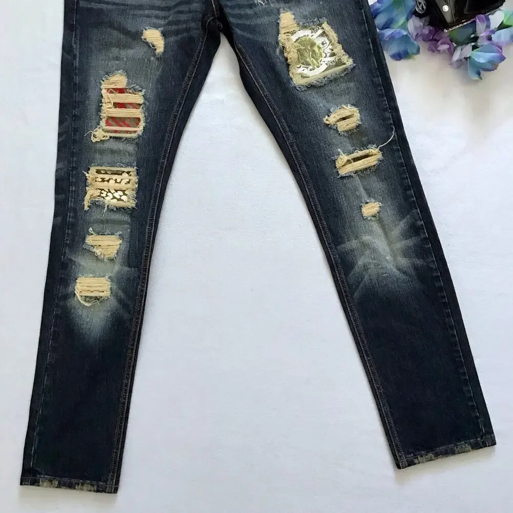 Heritage America NWOT Rip and Repair Dark Wash Skinny Jeans Men 34